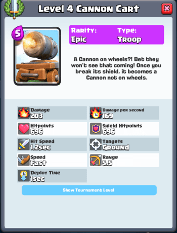 Cannon Cart Tournament Level Stats Clash Royale