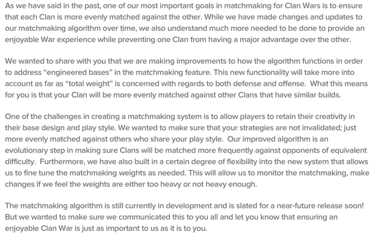 Clash of Clans Clan War Matchmaking Improvements July 2017